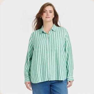 NWT Universal Thread Green White Stripe Linen Rayon Button Down Shirt Medium